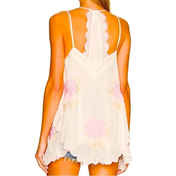 New Free People Zayda Embroidered XS S M Ivory Pink V-Neck Roses Silky Tank Top - Picture 4 of 13